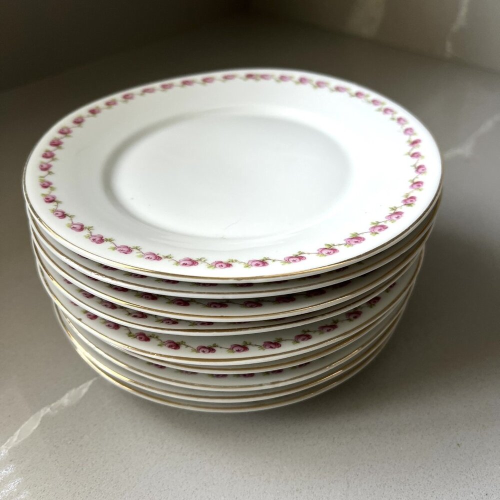 Z.S. & Co. Bavaria Set of 9 Salad Dessert Plates Pink Rose Laurel Gold Rimmed 7"